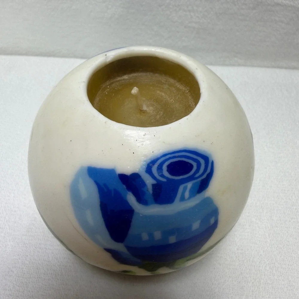 Lifelines Sculpted Candle Round Sphere Blue Floral Rose White Wax Art Decor